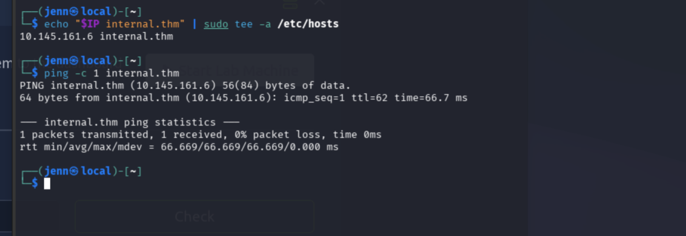 ping -c 1 internal.thm confirming hostname resolves to target IP